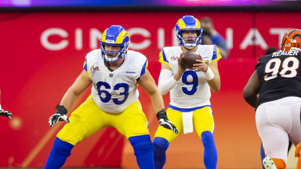 Los Angeles Rams guard Austin Corbett blocks in Super Bowl